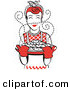 Retro Clipart of a Cheerful Red Haired Housewife Wearing an Apron and Oven Gloves, Smelling Fresh, Hot Chocolate Chip Cookies Right out of the Oven by Andy Nortnik
