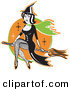 Retro Clipart of a Cute and Pretty Black Haired Witch in a Pointy Hat, Long Black Dress and Fishnet Stockings, Sitting Cross Legged on a Broomstick While Flying Through the Night Sky by Andy Nortnik