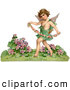 Retro Clipart of a Cute Cupid Playfully Running Through a Garden and Carrying a Garland of Flowers, Circa 1888 by OldPixels