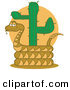 Retro Clipart of a Cute Rattlesnake Holding out His Rattle and Curled Around a Desert Cactus by Andy Nortnik