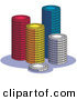 Retro Clipart of a Four Stacks of Red, Yellow, Blue and White Poker Chips in a Casino by Andy Nortnik