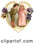 Retro Clipart of a Friendly Sweet Little Boy Trying to Woo a Little Girl in a Heart of Leaves and Pansy Flowers, Circa 1890 by OldPixels