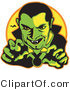 Retro Clipart of a Green Male Vampire with Dark Hair Slicked Back, Reaching Outwards While Grinning and Showing His Fangs As a Vampire Bat Flies in the Distance by Andy Nortnik
