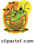 Retro Clipart of a Green Werewolf Howling at the Moon As Vampire Bats Fly Above by Andy Nortnik