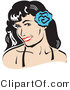 Retro Clipart of a Grinning Pretty Brunette Woman with a Blue Flower in Her Hair by Andy Nortnik