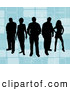 Retro Clipart of a Group of 5 Black Silhouetted People Standing over a Retro Blue Background with Rectangle Designs by KJ Pargeter