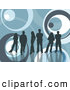Retro Clipart of a Group of Dark Blue Silhouetted People Standing with Reflections over a Blue Retro Background with Circle Patterns by KJ Pargeter
