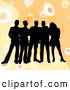 Retro Clipart of a Happy Group of Five Black Silhouetted Friends Standing over a Retro Orange Background with Circles by KJ Pargeter