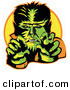 Retro Clipart of a Happy Male Werewolf Showing Fangs and Talons While Cast in Green and Yellow Lighting by Andy Nortnik