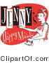 Retro Clipart of a Happy Red Headed Woman in an Apron, Ironing Clothes on a Vintage Jenny's Happy Maids Advertisement by Andy Nortnik