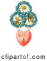 Retro Clipart of a Heart Locket Suspended from Rings of Blue Flowers Around White Daisies with a Gold Skeleton Key Circa 1890, on White by OldPixels