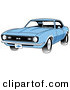 Retro Clipart of a Light Blue 1968 Chevrolet SS Camaro Muscle Car with a Chrome Bumper Driving Forward by Andy Nortnik