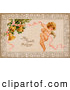 Retro Clipart of a Old Fashioned Vintage Valentine of Cupid Flying and Tugging on a Pink Ribbon Connected to Golden Ringing Bells with Text Reading "My Heart by OldPixels
