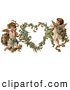 Retro Clipart of a Old Fashioned Vintage Valentine of Two Adorable Cupids with Roses Beside a Gilded Forget Me Not Valentine Heart Wreath by OldPixels