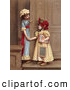 Retro Clipart of a Pair of Two Little Sisters at a Doorway, Smiling and Holding Hands, Circa 1880 by OldPixels