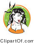 Retro Clipart of a Pale, Black Haired Smiling Female Vampire with Blood Dripping off of Her Fanges and onto Her Chin, Showing the Bite Marks on Her Neck While Two Bats Fly Above by Andy Nortnik