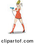 Retro Clipart of a Pretty Blond Bombshell Beautician Woman Wearing a Tight Orange Dress and Tall Orange Boots and Holding a Pair of Scissors and Blow Dryer at a Salon by Andy Nortnik