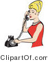 Retro Clipart of a Pretty Blond Housewife Woman with Tall Hair, Wearing Pearls and a Red Dress and Talking on a Rotary Dial Landline Telephone by Andy Nortnik