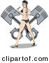 Retro Clipart of a Pretty Brunette Woman in a Black and White Polka Dot Bikini and High Heels, Holding a Wrench and Looking Back While Standing in Front of a Piston by Andy Nortnik