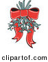 Retro Clipart of a Pretty Red Ribbon Hanging Mistletoe Upside down for People to Kiss Under Retro by Andy Nortnik