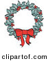 Retro Clipart of a Red Bow on a Christmas Wreath Made of Holly over White by Andy Nortnik