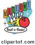 Retro Clipart of a Red Bowling Ball Rolling into Bowling Pins on a Vintage Marlows Bowl O Rama Sign by Andy Nortnik