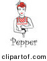 Retro Clipart of a Red Haired Housewife or Maid Woman Grinding Fresh Pepper While Cooking, with Text Underneath by Andy Nortnik