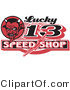 Retro Clipart of a Red Horned Devil Man on a Lucky 13 Speed Shop Advertisement Logo by Andy Nortnik