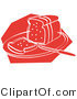 Retro Clipart of a Red Icon of a Knife Resting on a Cutting Board near Sliced Bread by Andy Nortnik
