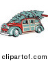 Retro Clipart of a Red Woodie Car Carrying a Christmas Tree on the Roof, Decorated in Christmas Lights and a Wreath and Driving Left by Andy Nortnik