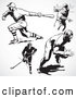 Retro Clipart of a Retro Black and White Hockey and Baseball Players by BestVector