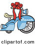 Retro Clipart of a Retro Brand New Blue Racer Tricycle Bike with a Red Ribbon in the Handlebars on White by Andy Nortnik