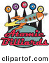 Retro Clipart of a Retro Space Rocket Flying past Pool Balls on a Vintage Atomic Billiards Sign by Andy Nortnik