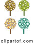 Retro Clipart of a Set of Four Retro Design Styled Trees Made of Brown, Yellow, Orange, Green and Blue Circles by KJ Pargeter