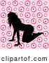 Retro Clipart of a Sexy Black Silhouetted Female Crawling on a Pink Retro Circle Background by KJ Pargeter