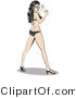 Retro Clipart of a Sexy Brunette Woman with Long Legs in a Black and White Polka Dot Bikini, Looking Back over Her Shoulder by Andy Nortnik