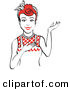 Retro Clipart of a Smiling and Friendly Red Haired Housewife, Waitress or Maid Woman Wearing an Apron and Resting One Hand on Her Chest While Holding the Other Hand up by Andy Nortnik