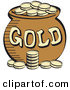 Retro Clipart of a Stack of Gold Coins in Front of a Pot of Leprechaun's Gold on White by Andy Nortnik