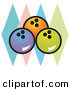 Retro Clipart of a Trio of Blue, Orange and Green Bowling Balls over Colorful Diamonds on White by Andy Nortnik