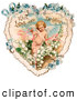 Retro Clipart of a Vintage Valentine Painting of Cupid with Ribbons, Prancing in White Lily of the Valley Flowers on a Lacy Heart with Forget Me Not Flowers, Circa 1890 by OldPixels