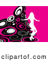 Retro Clipart of a White Silhouetted Woman Party Dancing on a Wave of Retro Pink, Black and White Circles over a Pink Background by KJ Pargeter