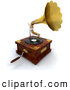 Retro Clipart of a Wooden Gramophone with a Handle and Golden Horn Playing Music from a Record, on White by KJ Pargeter