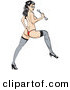 Retro Clipart of an Attractive and Pretty Topless Brunette Woman in a Red Thong, Stockings and Heels, Looking Back over Her Shoulder and Holding a Wrench and Stradling Something Invisible by Andy Nortnik
