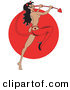 Retro Clipart of an Attractive Brunette Pinup Woman Modeling in a Red High Heel and Devil Costume, Holding Her Tail and Sporting a Rose Tattoo on Her Butt by Andy Nortnik