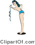 Retro Clipart of an Attractive Brunette Woman in a Denim Bikini, Waving Her Bikini Top and Standing Topless by Andy Nortnik