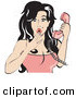 Retro Clipart of an Attractive Surprised Brunette Woman Covering Her Mouth and Holdnig a Pink Telephone by Andy Nortnik