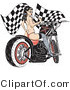 Retro Clipart of an Attractive Topless Brunette Woman in a Red Thong, Stockings and Heels, Looking Back over Her Shoulder and Holding a Wrench While Sitting on a Motorcycle and Racing Flags in the Background by Andy Nortnik