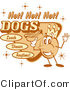 Retro Clipart of an Old Fashioned Hot Dog Advertisement Showing a Circular King Character Holding a Hotdog and Text Reading "Hot! Hot! Hot! Dogs Lunch Dinner Anytime!" by Andy Nortnik
