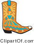 Retro Clipart of an Orange Aztec Style Cowboy Boot Design with Blue and Yellow Accents Around a Bird by Andy Nortnik
