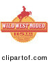 Retro Clipart of an Orange Vintage Wild West Rodeo Advertisement with a Cowboy Riding a Bucking Bronco by Andy Nortnik